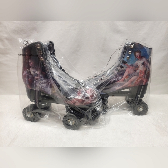 Dolls Kill Shoes - Nwt Dollskill Currenr Mood Black Roller Skates with Artistic Design